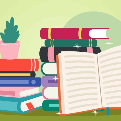 Livros coloridos empilhados com livro aberto e planta num vaso rosa