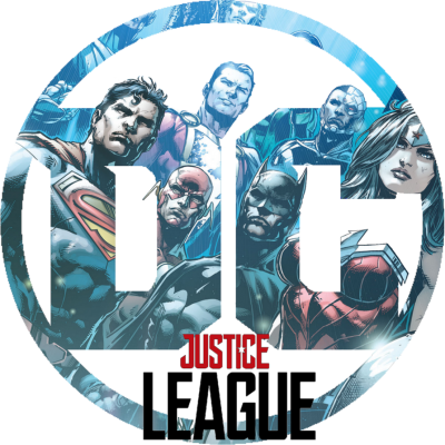 Logotipo da Justice League com personagens da DC Comics em fundo azul