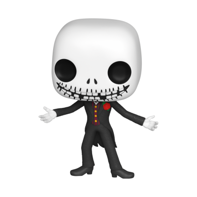 Figura Funko Pop de Jack Skellington com fato preto e flor vermelha