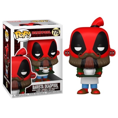 Funko Pop Deadpool 775 Barista Deadpool em caixa ao lado do boneco