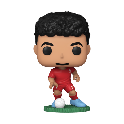 Figura Funko Pop jogador de futebol com equipamento vermelho e chuteiras azuis com bola branca