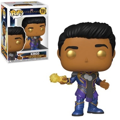 Figura Pop! Eternals Kingo com traje roxo e dourado e esfera dourada na mão