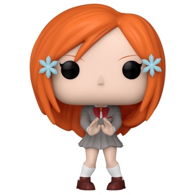Figura colecionável estilo Funko Pop de menina com cabelo laranja e uniforme cinzento