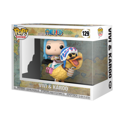 Figura Funko Pop! Vivi & Karoo da coleção One Piece dentro de embalagem com fundo de mapa