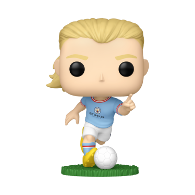 Figura Funko Pop de jogador de futebol loiro com camisola azul e bola branca sobre base verde