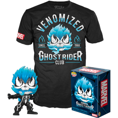 Pack com t-shirt preta do Ghost Rider, boneco Funko Pop e caixa da Funko Pop.