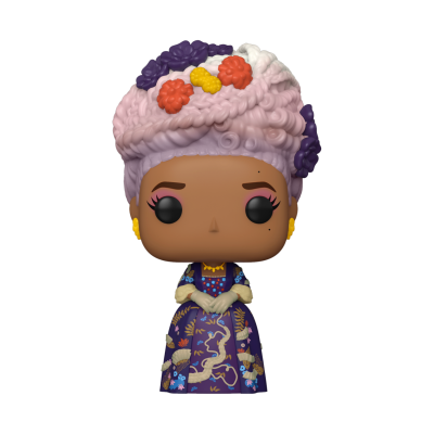Boneca Funko Pop com cabelo cor-de-rosa e vestido azul escuro decorado.