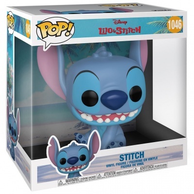 Figura Funko Pop! Stitch Disney na caixa transparente com fundo de praia