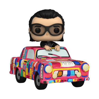 Figura Funko Pop personagem masculino em carro colorido abstrato