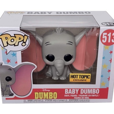 Figura Funko Pop! Baby Dumbo cinza com orelhas rosas em caixa de embalagem colorida