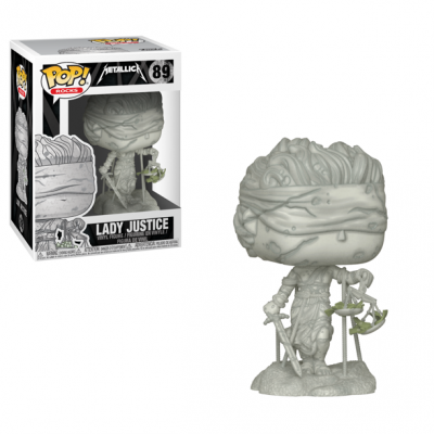 Figura Funko Pop! Rocks Lady Justice Metallica cinzenta com venda, espada e balança ao lado da caixa.