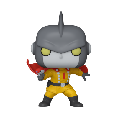 Figura colecionável de vinil com fato amarelo e capacete cinzento