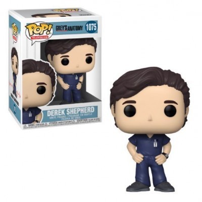 Figura Funko Pop! Derek Shepherd em roupa azul e caixa da série Grey's Anatomy.