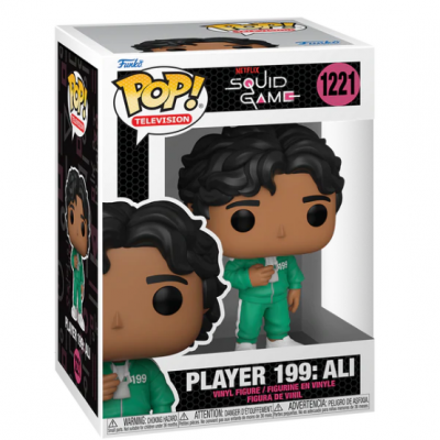 Caixa Funko Pop! Squid Game com figura Player 199: Ali em vinil vestido de verde.