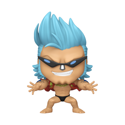 Figura colecionável de personagem com cabelo azul arrebitado e óculos escuros
