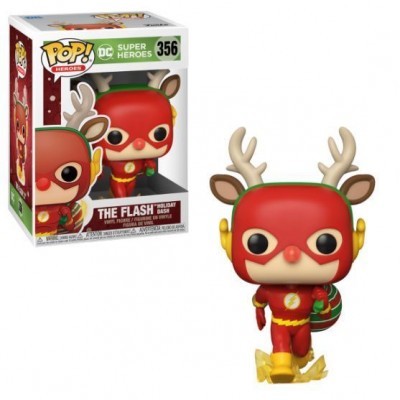 Funko Pop! The Flash com roupa vermelha e chifres de rena ao lado da caixa