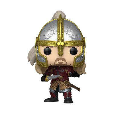 Figura Funko Pop de guerreiro medieval com capacete prateado e dourado e armadura vermelha