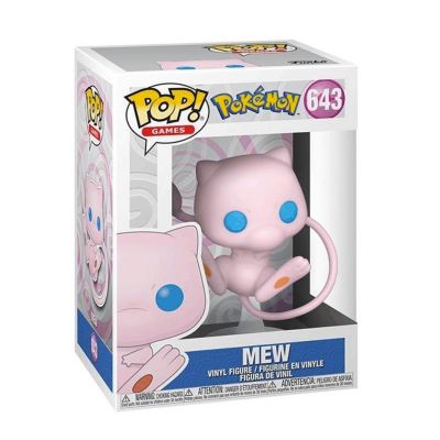 Figura Funko Pop Mew de Pokémon em caixa branca com janelas transparentes