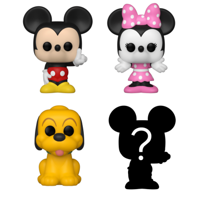 Bonecos Funko Pop de Mickey, Minnie e Pluto sobre fundo preto com símbolo de interrogação