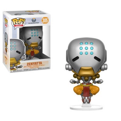 Funko Pop Zenyatta Overwatch com cabeça cinza e pontos azuis, corpo amarelo e vermelho em pose de meditação