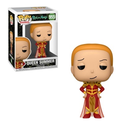 Figura Funko Pop! Queen Summer com cabelo laranja, vestido vermelho e dourado ao lado da caixa original.