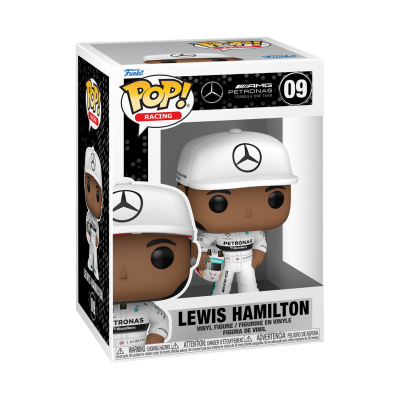 Figura Funko Pop! Lewis Hamilton de vinil com fato e boné brancos, dentro de caixa