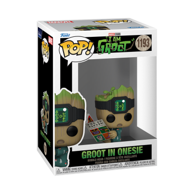 Boneco Funko Pop! do personagem Groot em fato de macaco verde em embalagem