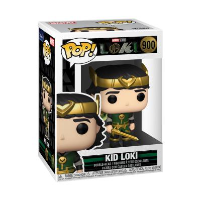 Funko Pop Kid Loki com máscara dourada e roupa verde em caixa
