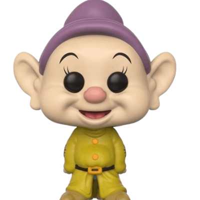 Figura Funko Pop de anão com roupa amarela e chapéu roxo