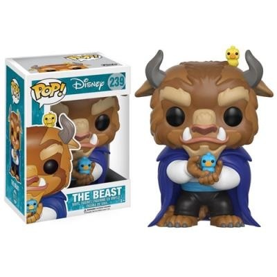 Figura Funko Pop The Beast Disney com capa azul segurando pássaro azul e patinho amarelo na cabeça