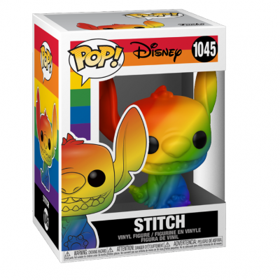 Figura Funko Pop! Stitch da Disney com cores de arco-íris na caixa.