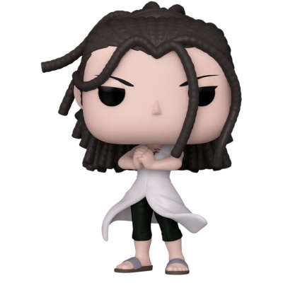 Figura Funko Pop com cabelo castanho escuro e vestes brancas e pretas