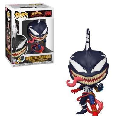 Figura Funko Pop! Venomized Captain Marvel com língua vermelha, olhos brancos e uniforme azul e vermelho