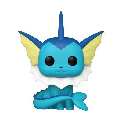 Figura Funko Pop do Pokémon Vaporeon azul com orelhas amarelas e gola branca.