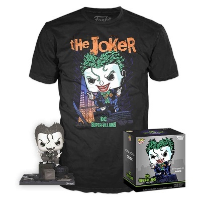 Conjunto t-shirt preta com estampa do Joker, figura Funko Pop e caixa do Funko Pop
