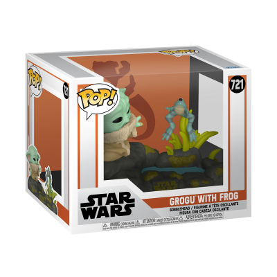 Figura Pop! Grogu com rã da Star Wars em caixa branca com detalhes laranja, código 721.