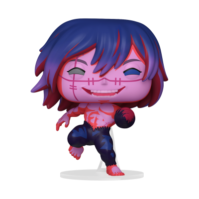 Figura Funko Pop azul e rosa com padrões vermelhos em pose de movimento