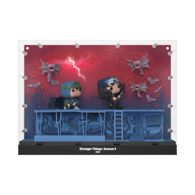 Expositor de bonecos Funko Pop Stranger Things Season 4 com dois personagens em cenário azul e fundo vermelho com morcegos e relâmpagos