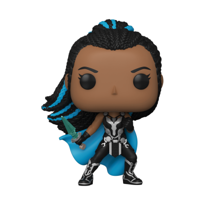 Figura Funko Pop com cabelo trançado preto e azul e traje preto e branco