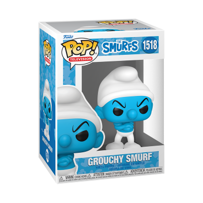 Figura Funko Pop Grouchy Smurf em caixa transparente com fundo branco e azul.