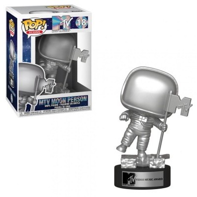 Figura Funko Pop astronauta MTV Moon Person prateado com bandeira em caixa