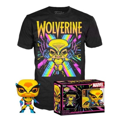 T-shirt preta com estampa colorida do Wolverine, figura Funko Pop do Wolverine e caixa decorativa Marvel.