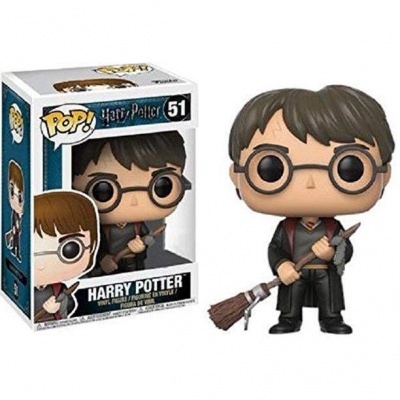 Figura Funko Pop do Harry Potter com roupa preta de feiticeiro e vassoura