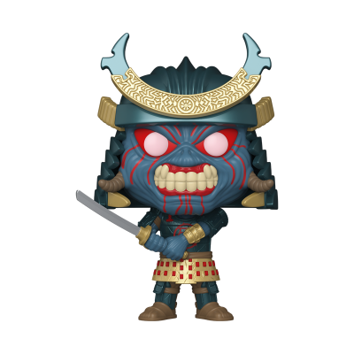 Figura de vinil de samurai azul com capacete dourado e espada.