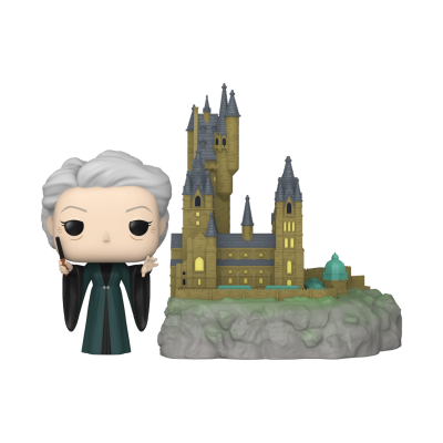 Figura Funko Pop de personagem com varinha e castelo detalhado em base rochosa