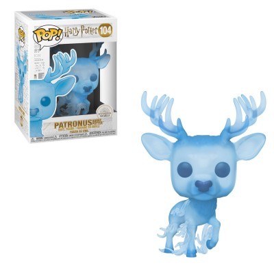 Figura Funko Pop! azul translúcida do Patronus de Harry Potter com chifres e embalagem.