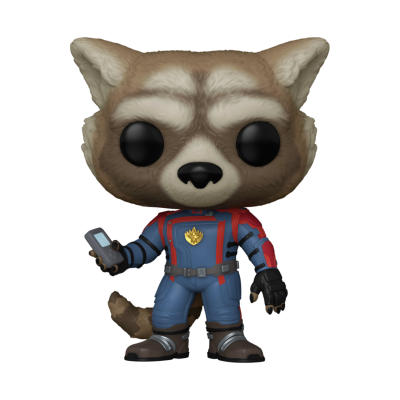 Figura Funko Pop do Rocket Raccoon com dispositivo eletrônico na mão