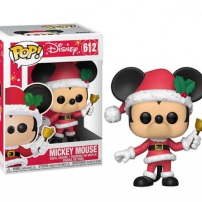Figura Funko Pop de Mickey Mouse em traje de Pai Natal vermelho e branco com sino