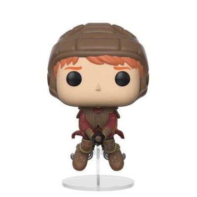 Figura Funko Pop com capacete castanho e roupa vermelha e castanha sentada num suporte transparente