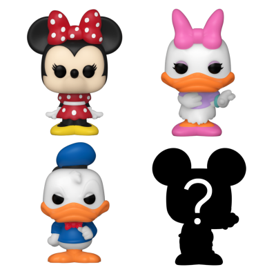 Três bonecos Funko Pop da Minnie, Pata Daisy e Donald Duck em fundo preto